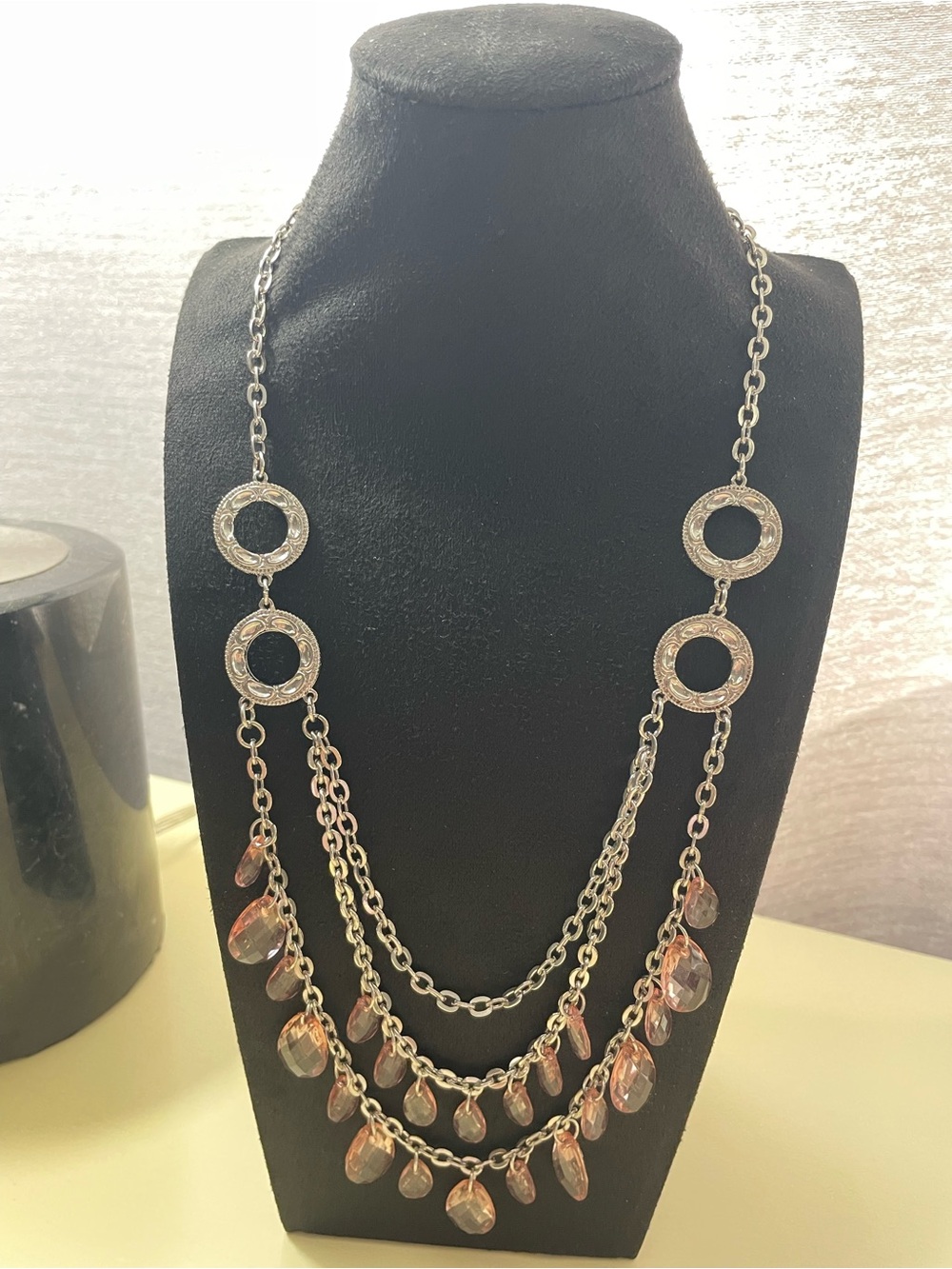 Silver-Tone Multi Strand Teardrop Necklace - Pink Crystal Drops